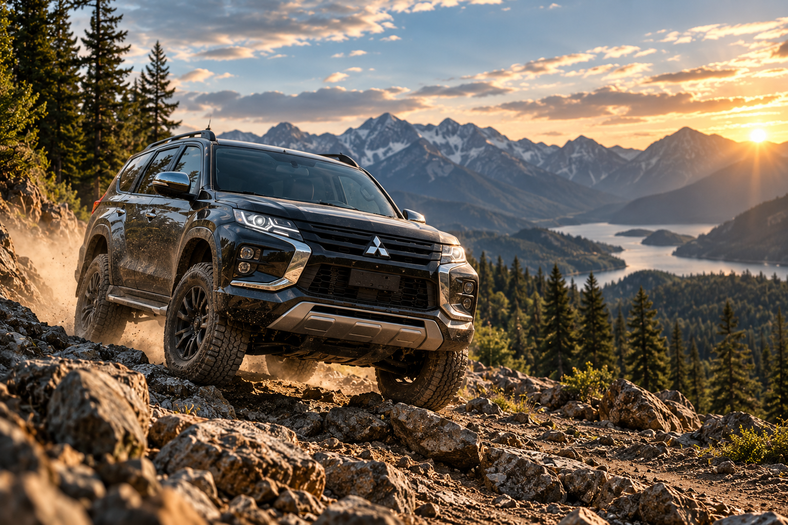 Four-wheel-drive SUV on a rocky mountain trail
