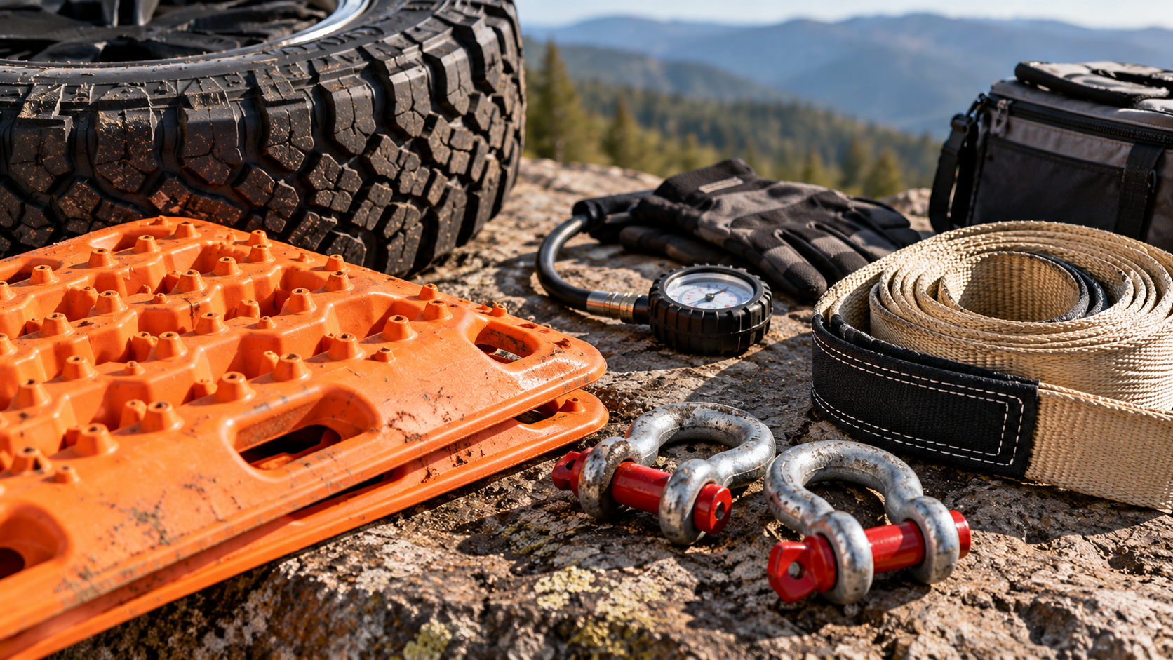 Off-road recovery and trail equipment arranged on a rock