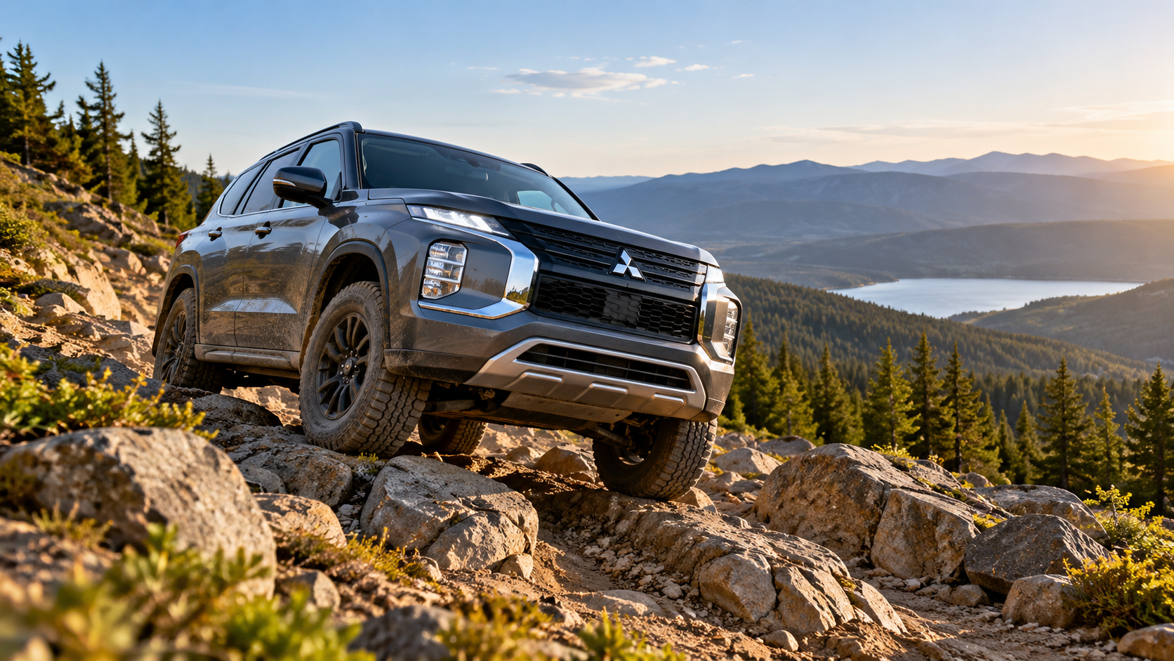 Off-road SUV approaching a steep rocky terrain transition