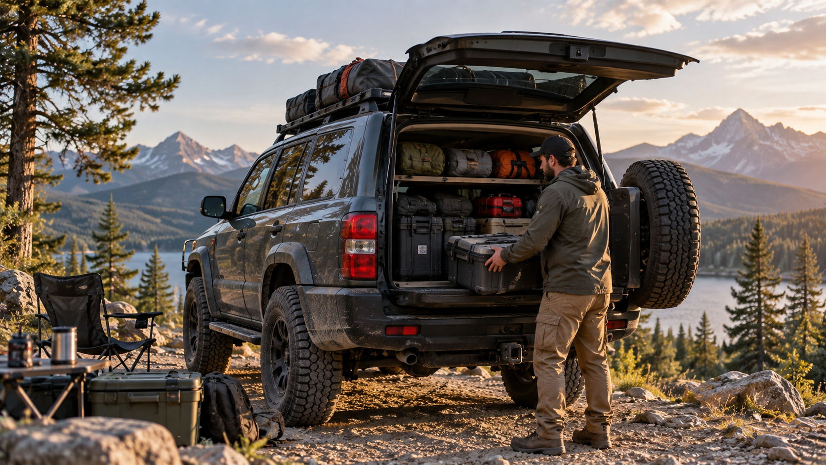 Loaded off-road SUV with secured camping gear