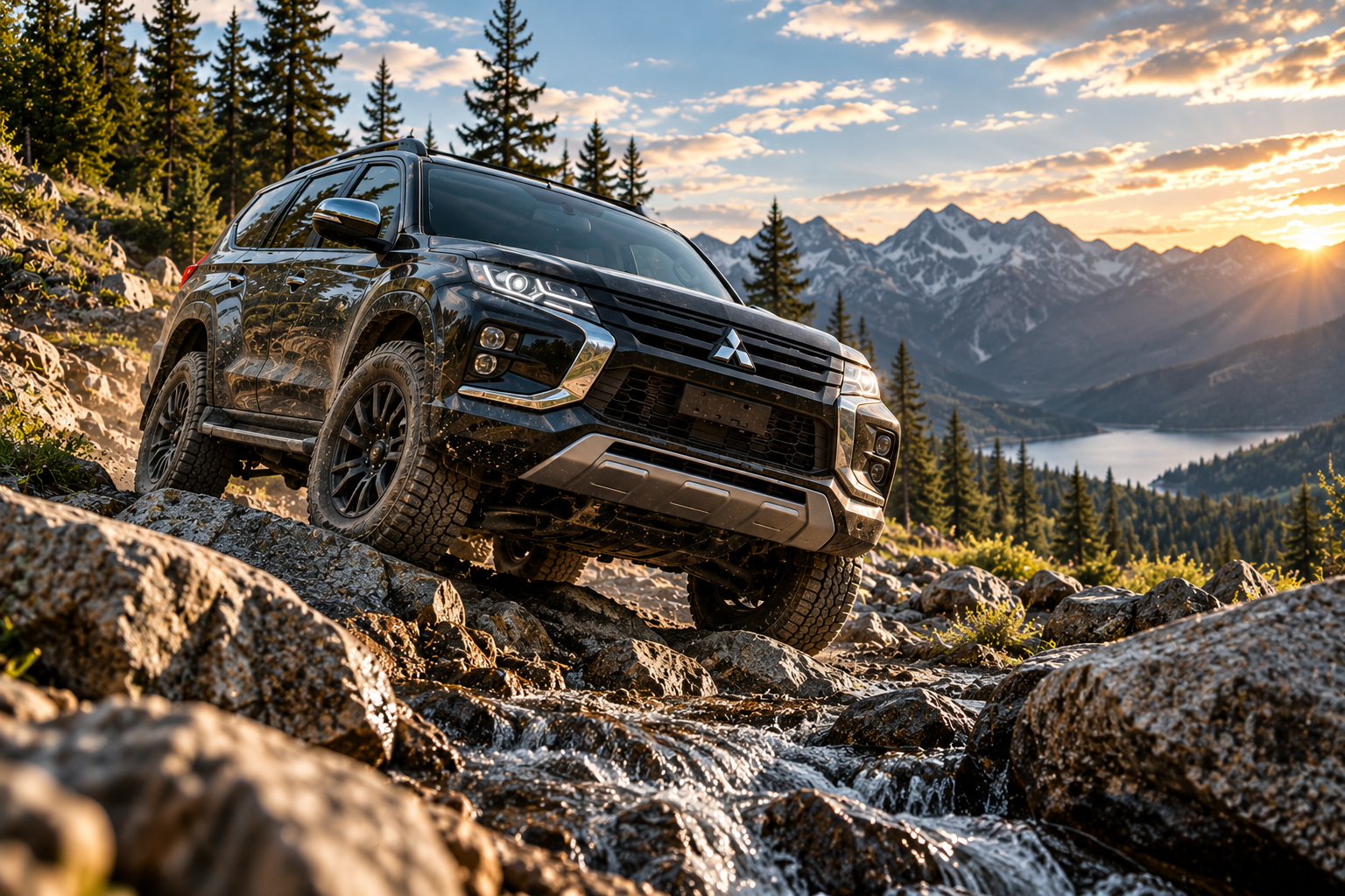 Off-road SUV articulating over rocks