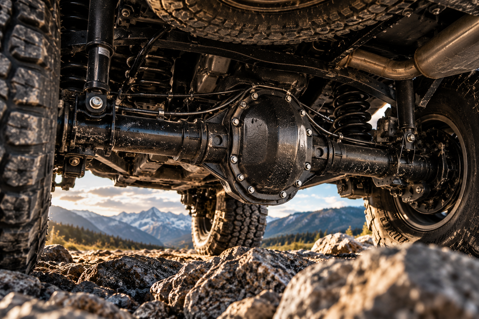 Rear axle differential and suspension underneath an off-road vehicle
