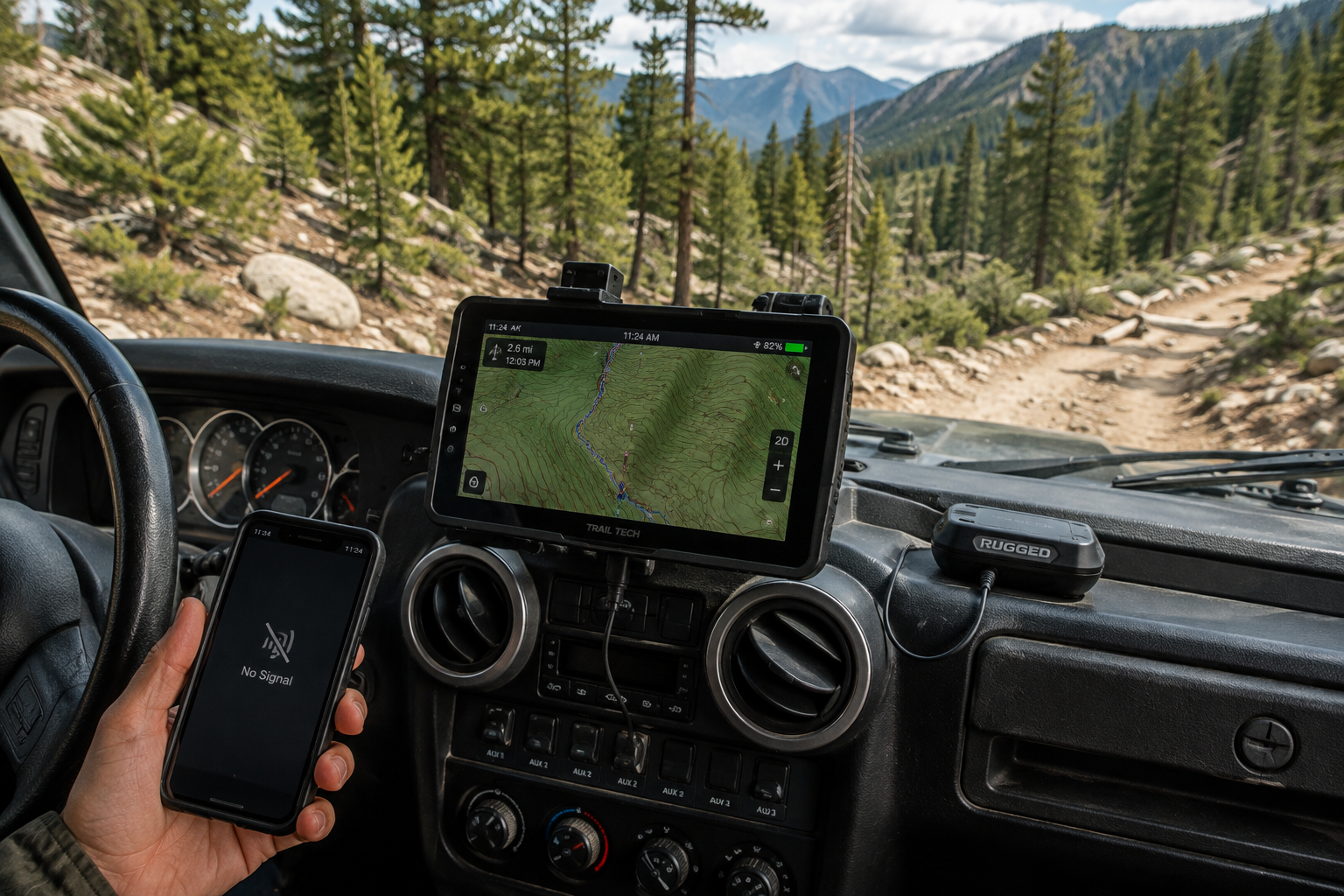 Dashboard GPS unit showing a topographic trail map with no cell signal