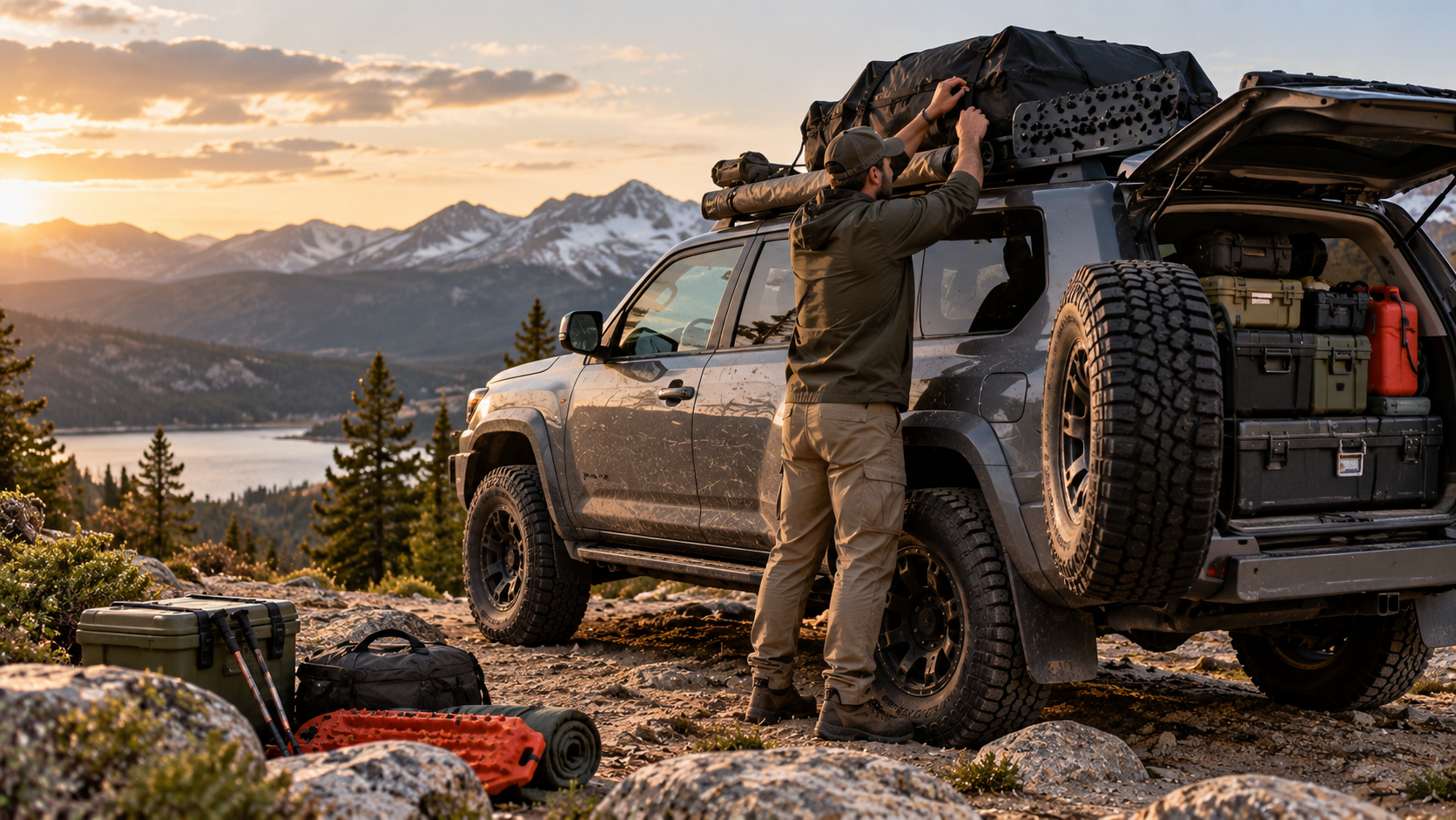 Driver securing light bulky cargo on an off-road vehicle roof rack