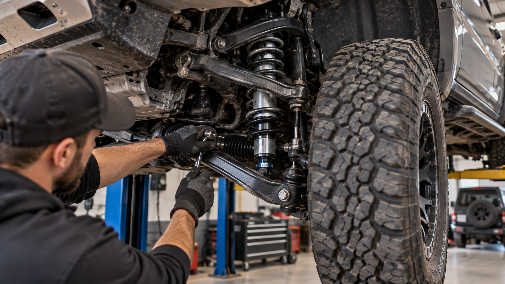Mechanic inspecting suspension geometry on a lifted off-road vehicle