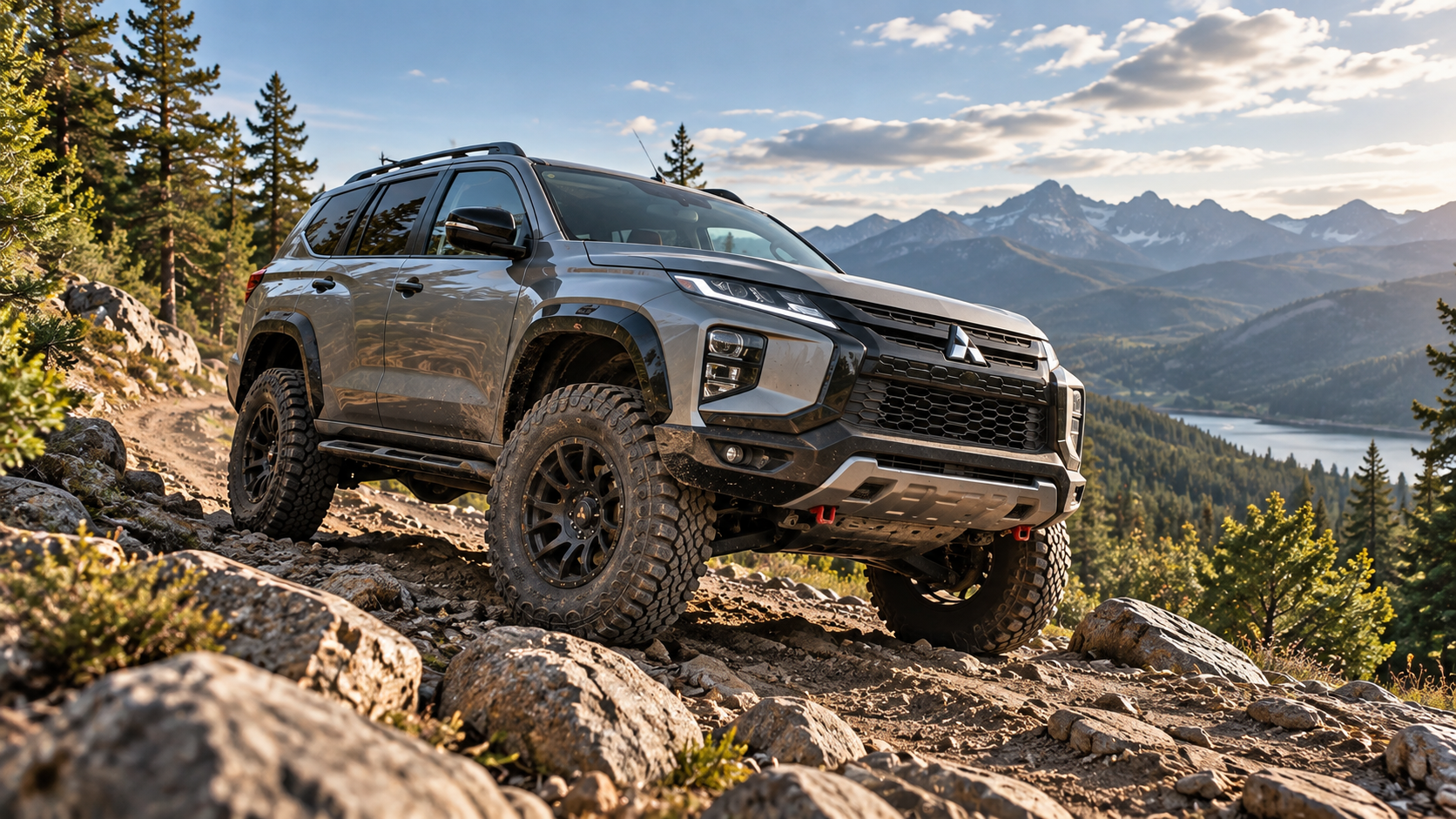 Lifted off-road SUV on a rocky mountain trail
