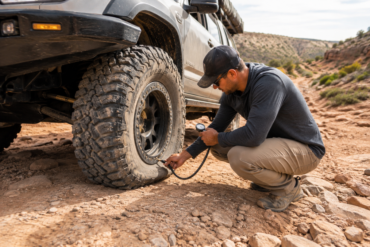 Driver airing down an off-road tire on a rocky trail