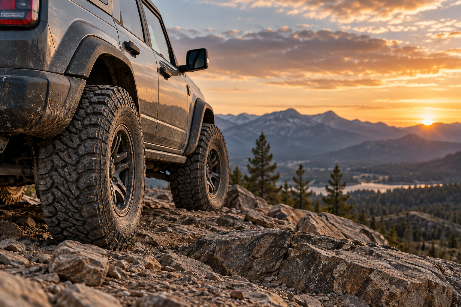 Off-road SUV with properly sized all-terrain tires on a rocky trail