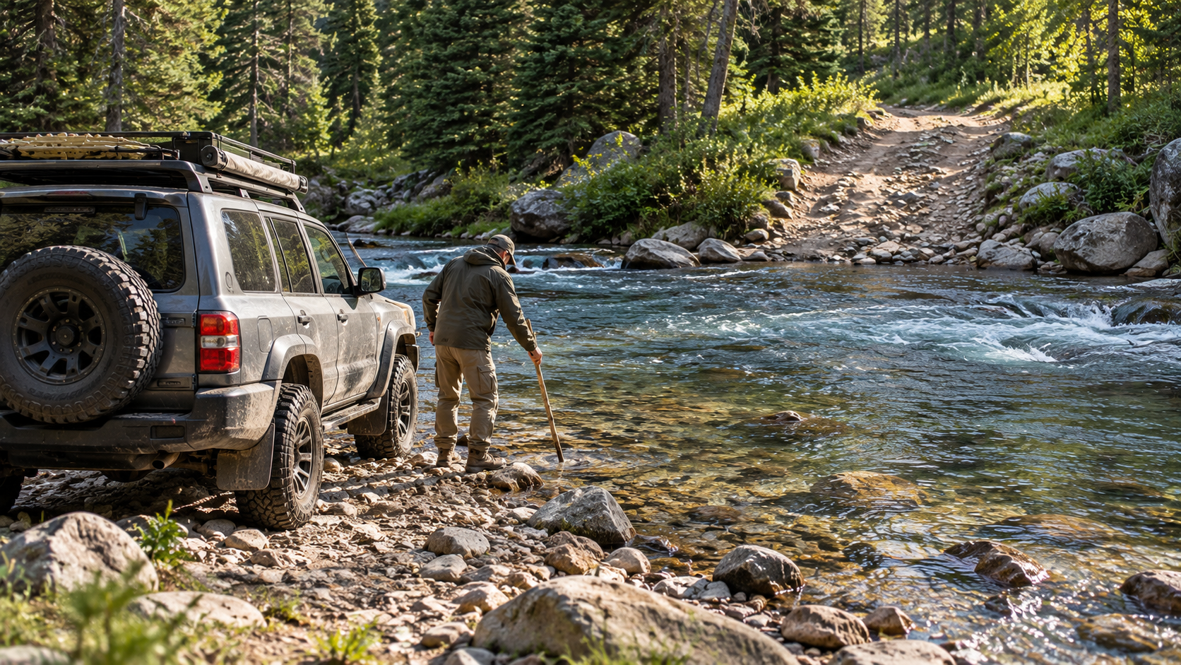 Driver assessing a rocky forest stream before an off-road water crossing