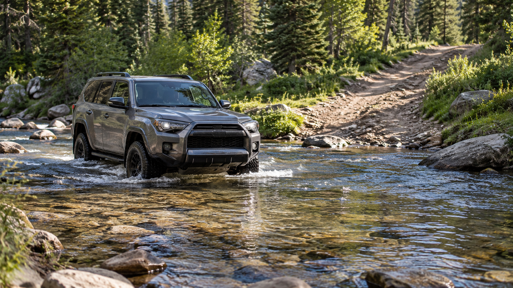 Off-road SUV crossing a shallow rocky forest stream