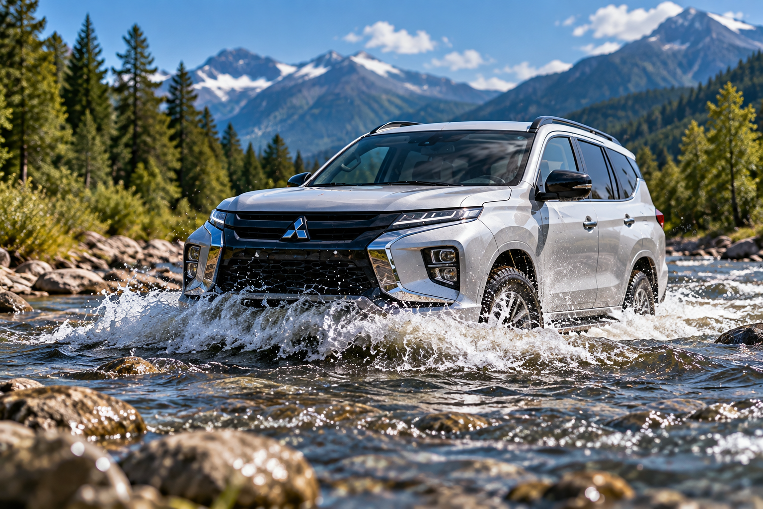 SUV crossing a shallow rocky stream with water below the body openings