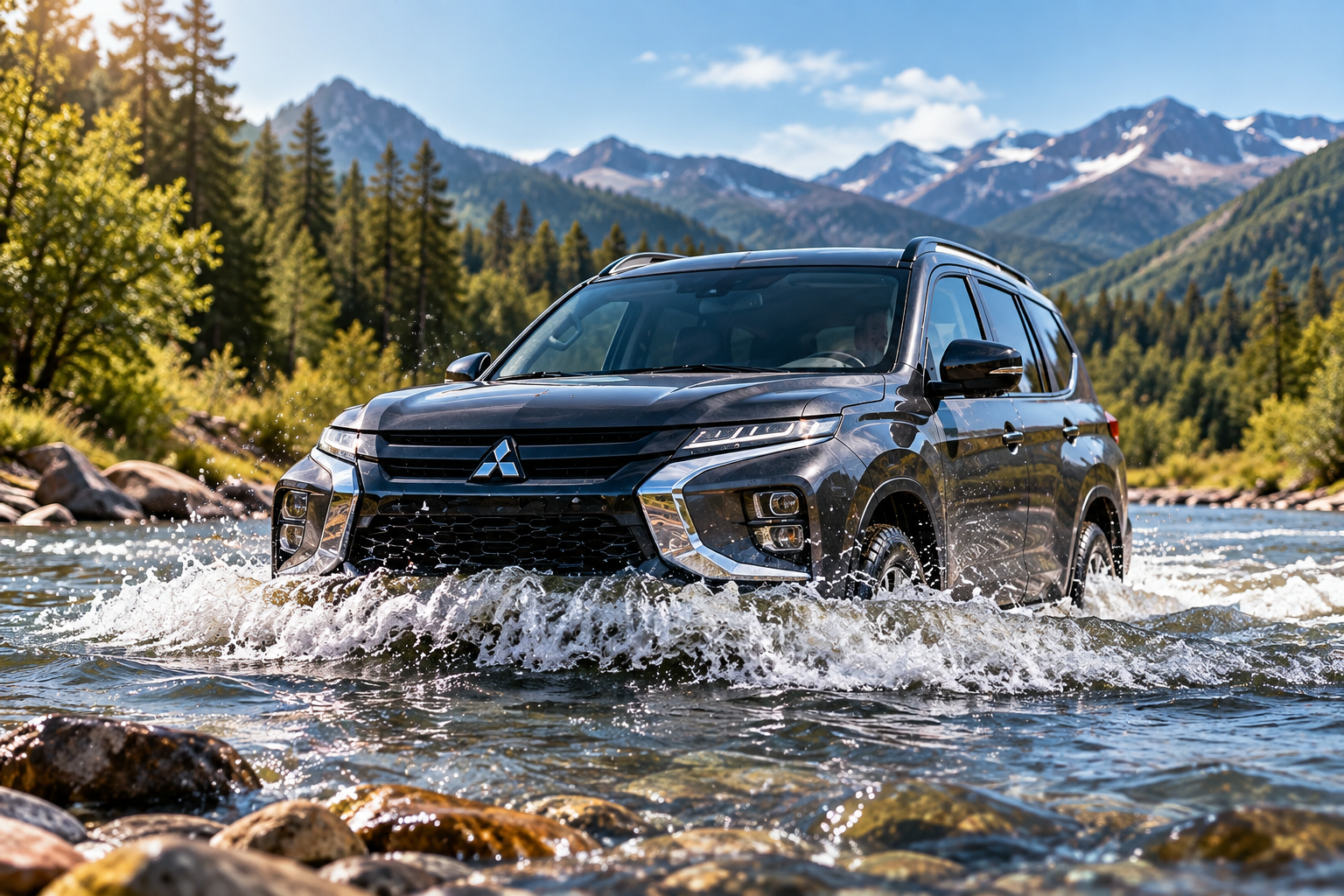 SUV making a controlled crossing through a shallow rocky mountain stream