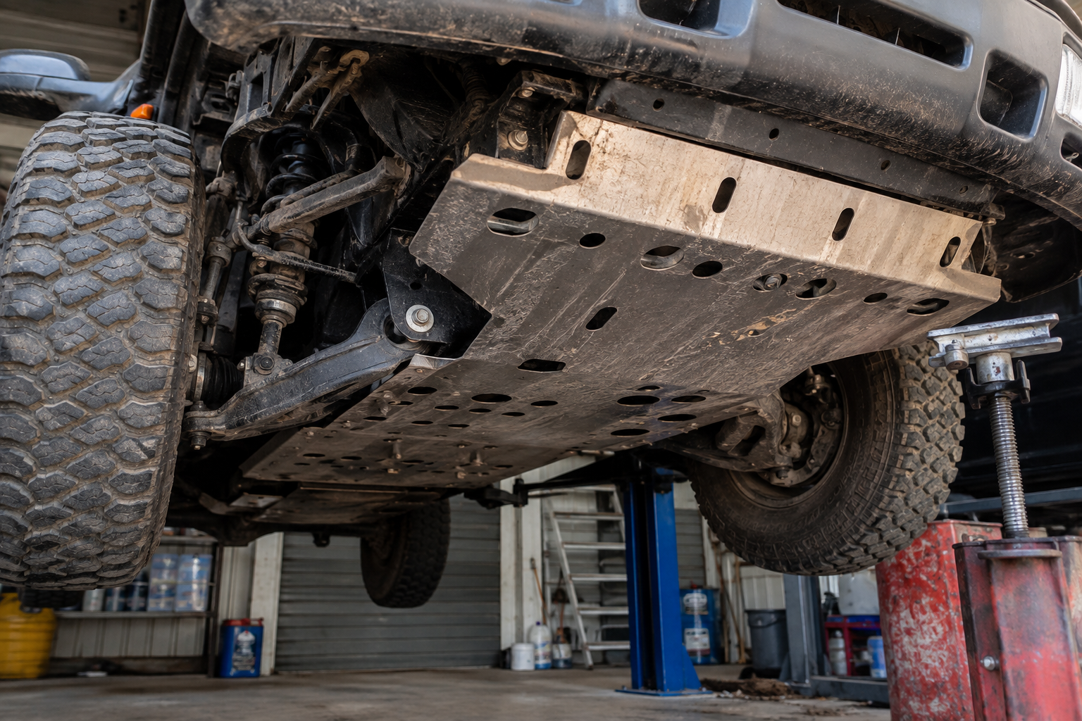 Underbody skid plate mounted beneath a lifted off-road truck